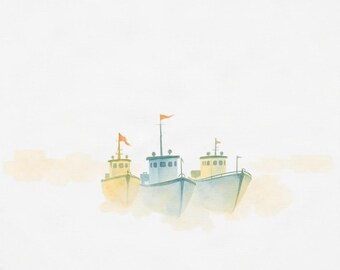 May include: A watercolor illustration featuring three small boats floating on a soft, hazy yellow background. The boats are rendered in shades of pale yellow and light blue, each topped with a single small orange flag on a thin mast.
