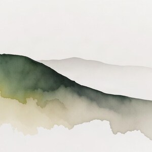 May include: A watercolour painting on paper featuring abstract rolling hills in shades of deep forest green, olive, and soft beige. The composition uses fluid, blended washes of colour to create layered mountain silhouettes against a white background.