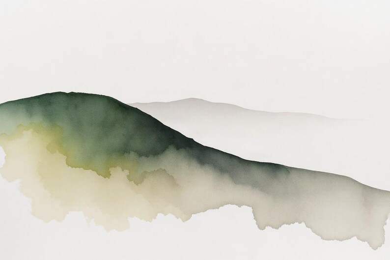 May include: A watercolour painting on paper featuring abstract rolling hills in shades of deep forest green, olive, and soft beige. The composition uses fluid, blended washes of colour to create layered mountain silhouettes against a white background.