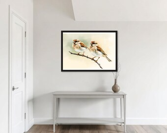 Sparrow Pair, Branch | AI-Assisted Bird Art | Unframed or Framed Print | A4 A3 A2