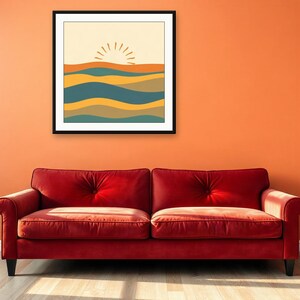 Retro-Wandbild in Türkis, Sonnen- und Wellenmotiv | Druckbarer digitaler Download | A4, A3, A2 | AI-Grafik Bild 4