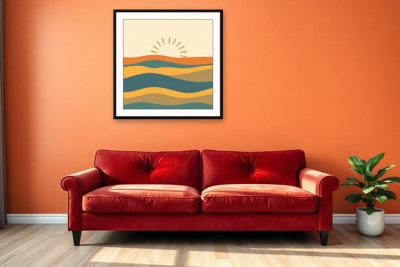 Retro-Wandbild in Türkis, Sonnen- und Wellenmotiv | Druckbarer digitaler Download | A4, A3, A2 | AI-Grafik Bild 4
