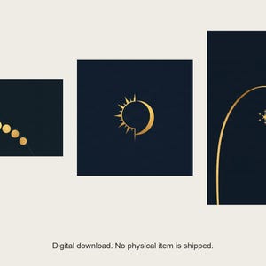 Celestial Gallery Wall Set | AI-Assisted Celestial Art, Set of 3 Digital Prints, Navy and Gold | Digital Download Wall Art Print A4 A3 A2 image 1