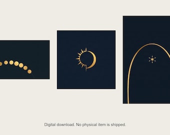Celestial Gallery Wall Set of 3 | AI-Assisted Celestial Art, Navy and Gold (Digital Download)