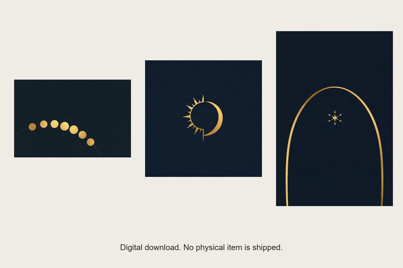 Celestial Gallery Wall Set | AI-Assisted Celestial Art, Set of 3 Digital Prints, Navy and Gold | Digital Download Wall Art Print A4 A3 A2 image 1