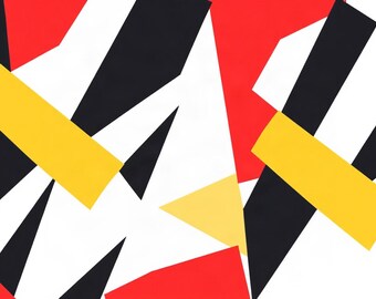 Può includere: Una composizione grafica astratta caratterizzata da una serie di forme geometriche sovrapposte in colori vivaci. Il design è composto da rettangoli e triangoli neri, bianchi, rosso brillante e gialli disposti in un motivo caotico e asimmetrico.