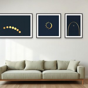 Celestial Gallery Wall Set | AI-Assisted Celestial Art, Set of 3 Digital Prints, Navy and Gold | Digital Download Wall Art Print A4 A3 A2 image 3
