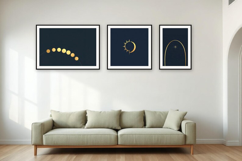 Celestial Gallery Wall Set | AI-Assisted Celestial Art, Set of 3 Digital Prints, Navy and Gold | Digital Download Wall Art Print A4 A3 A2 image 3