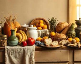 Può includere: Una collezione di prodotti alimentari che include barattoli di vetro riempiti di cereali, un vaso in ceramica verde con steli di grano, banane gialle, mele rosse, arance in una ciotola, un ananas, pagnotte, un cactus in un barattolo e un contenitore in metallo.