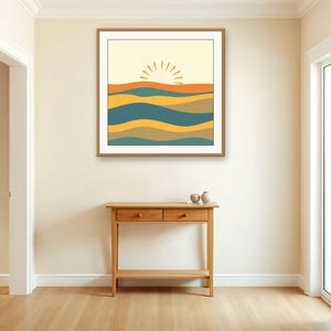 Retro-Wandbild in Türkis, Sonnen- und Wellenmotiv | Druckbarer digitaler Download | A4, A3, A2 | AI-Grafik Bild 3