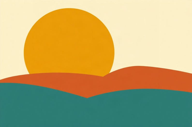 Teal Retro Wall Art, Mustard Sun Hills Print | Printable Digital Download | A4 A3 A2 | AI Art image 1
