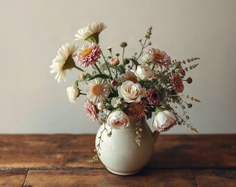 May include: A floral arrangement featuring a mix of cream, pale pink, and dusty rose flowers, including daisies, roses, and small filler blossoms. The flowers are displayed in a round, off-white ceramic pitcher with a smooth, speckled finish.
