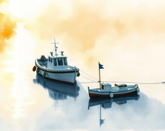 May include: A white motorboat and a smaller white and brown boat are tethered together on calm water. The scene is set against a soft, hazy golden-yellow background with a bright sun, creating a serene atmosphere with clear reflections of both vessels.