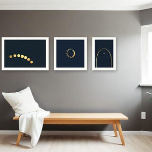 Celestial Gallery Wall Set | AI-Assisted Celestial Art, Set of 3 Digital Prints, Navy and Gold | Digital Download Wall Art Print A4 A3 A2 image 2