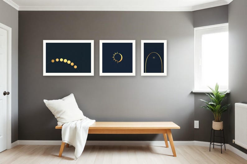 Celestial Gallery Wall Set | AI-Assisted Celestial Art, Set of 3 Digital Prints, Navy and Gold | Digital Download Wall Art Print A4 A3 A2 image 2