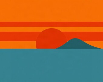 Puede incluir: Una ilustración gráfica que presenta un mar azul cerceta sólido en la parte inferior, un gran sol circular rojo y la silueta de una montaña en azul cerceta oscuro. El cielo se compone de bandas horizontales de naranja brillante y rojo.