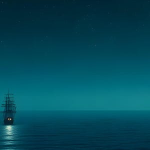 May include: A tall ship with multiple masts and rigging sails on a calm, dark teal ocean under a night sky filled with scattered stars. The vessel is illuminated by a warm light source from the front, casting a bright reflection on the water surface.