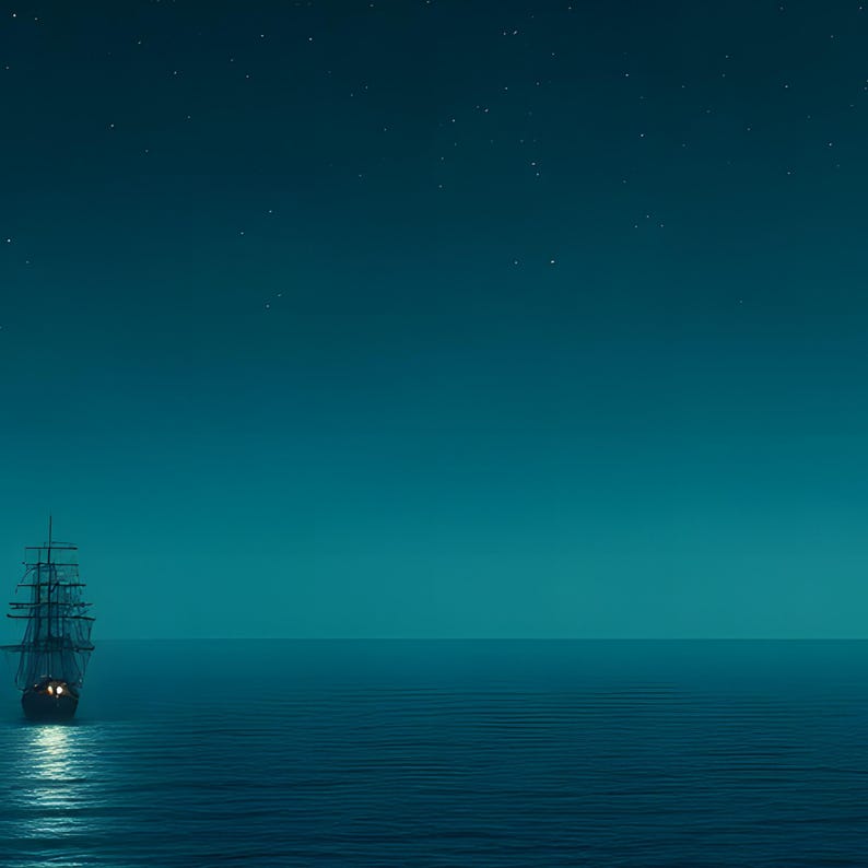 May include: A tall ship with multiple masts and rigging sails on a calm, dark teal ocean under a night sky filled with scattered stars. The vessel is illuminated by a warm light source from the front, casting a bright reflection on the water surface.