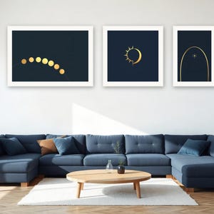 Celestial Gallery Wall Set | AI-Assisted Celestial Art, Set of 3 Digital Prints, Navy and Gold | Digital Download Wall Art Print A4 A3 A2 image 4