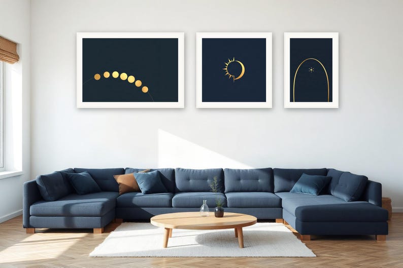 Celestial Gallery Wall Set | AI-Assisted Celestial Art, Set of 3 Digital Prints, Navy and Gold | Digital Download Wall Art Print A4 A3 A2 image 4