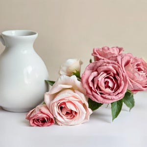 AI-Assisted Garden Roses and Ceramic Vase Print, Soft Light Still Life (Digital Download) image 1