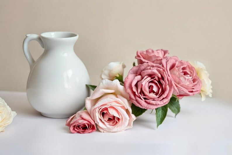 AI-Assisted Garden Roses and Ceramic Vase Print, Soft Light Still Life (Digital Download) image 1