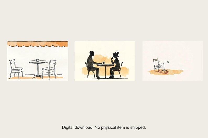 Fotowandset Cafe Life | Prints in inkt- en aquarelstijl, gemaakt met behulp van AI (digitale download) afbeelding 1