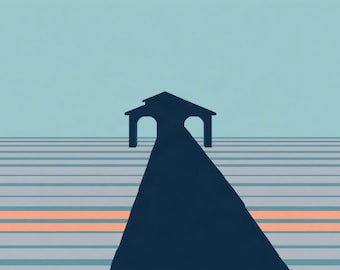 Puede incluir: Una silueta azul oscuro de un muelle con una estructura cubierta al final, sobre un fondo de rayas horizontales en tonos azul claro, gris y una banda color melocotón, creando una ilustración gráfica plana de una escena costera.