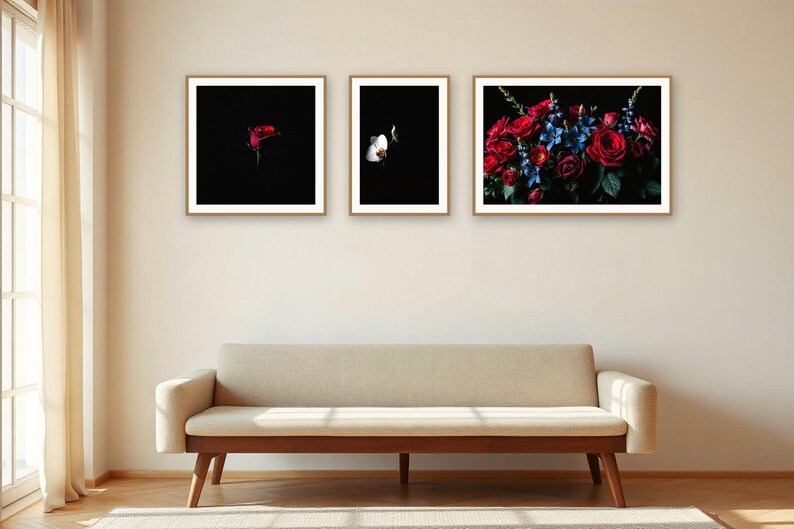Conjunto de láminas para pared "Night Garden" / Arte floral asistido por IA, conjunto de 3 láminas digitales / Descarga digital de láminas para pared en tamaños A4, A3 y A2. imagen 3
