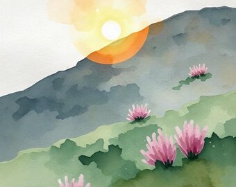 Puede incluir: Una pintura de acuarela que representa un paisaje con un sol amarillo brillante parcialmente oscurecido por un pico de montaña gris oscuro. El primer plano presenta una ladera verde cubierta de hierba con varios grupos de pequeñas flores rosas.