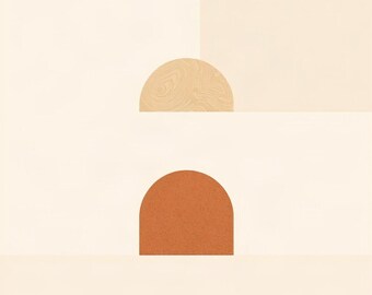 Könnte beinhalten: Ein digitaler Kunstdruck mit einer Komposition aus geometrischen Formen in neutralen Tönen. Das Bild zeigt ein großes beiges Rechteck, einen kleineren Halbkreis mit wirbelnder Holzmaserung und einen massiven terrakottafarbenen Bogen.