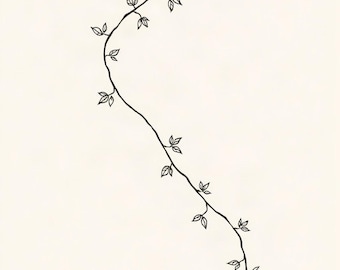 May include: A black line drawing of a slender, curving vine featuring small, delicate leaves branching off at intervals along the stem. The illustration is presented against a solid, light cream-colored background, showcasing a simple botanical motif.