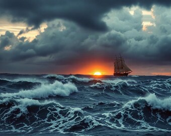 May include: A tall ship with multiple masts sails across a turbulent, dark blue ocean with white-capped waves under a dramatic, stormy sky. A bright orange sun sits low on the horizon, casting a warm glow against the heavy, dark gray clouds.
