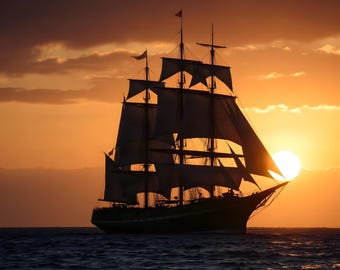 May include: A large sailing ship with multiple masts and full sails is silhouetted against a bright orange sunset. The vessel floats on dark water, with the sun positioned directly behind the bow, creating a high-contrast scene of the ship.