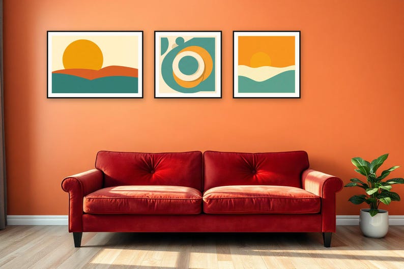 Mid-Century Sun Gallery Wall Set | AI-Assisted Abstract Art, Set of 3 Digital Prints | Digital Download Wall Art Print A4 A3 A2 image 3