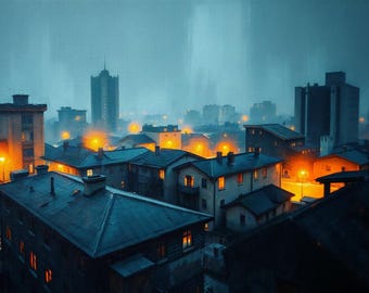 May include: A cityscape at dusk featuring dark blue rooftops and buildings under a misty sky. Warm orange lights glow from windows and street lamps throughout the urban area, creating a contrast against the cool, muted blue tones of the evening.