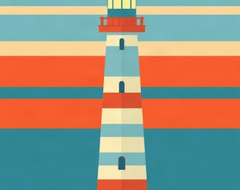 Puede incluir: Una ilustración gráfica plana de un faro con rayas horizontales rojas, blancas y azules. El faro presenta una cúpula roja, una linterna amarilla y tres pequeñas ventanas arqueadas. Se alza sobre un fondo de bandas horizontales azules, crema y naranjas, con una duna de arena amarilla en la base.