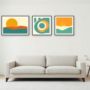 Mid-Century Sun Gallery Wall Set | AI-Assisted Abstract Art, Set of 3 Digital Prints | Digital Download Wall Art Print A4 A3 A2 image 2