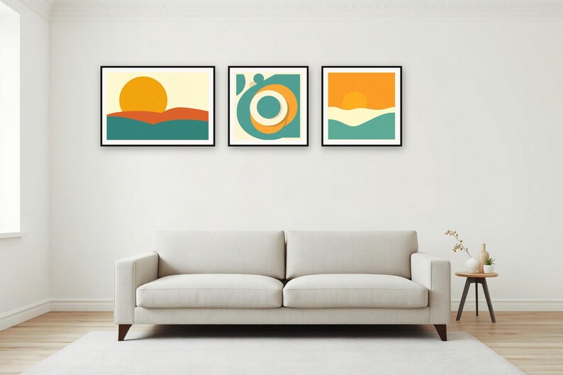 Mid-Century Sun Gallery Wall Set | AI-Assisted Abstract Art, Set of 3 Digital Prints | Digital Download Wall Art Print A4 A3 A2 image 2