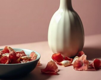 May include: A white ceramic vase with a ribbed, rounded body stands next to a dark gray bowl filled with scattered red and pink flower petals. Additional petals are strewn across the surface around the base of the vase and the bowl.