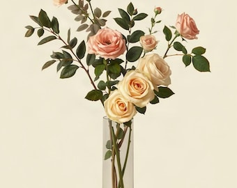 Op de afbeelding: Een heldere cilindrische glazen vaas met een boeket rozen in tinten zacht perzik, crème en lichtroze. Het arrangement bevat verschillende bloeiende rozen, kleinere knoppen en donkergroene bladeren aan slanke stelen in het water.