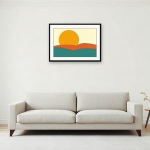 Teal Retro Wall Art, Mustard Sun Hills Print | Printable Digital Download | A4 A3 A2 | AI Art image 3