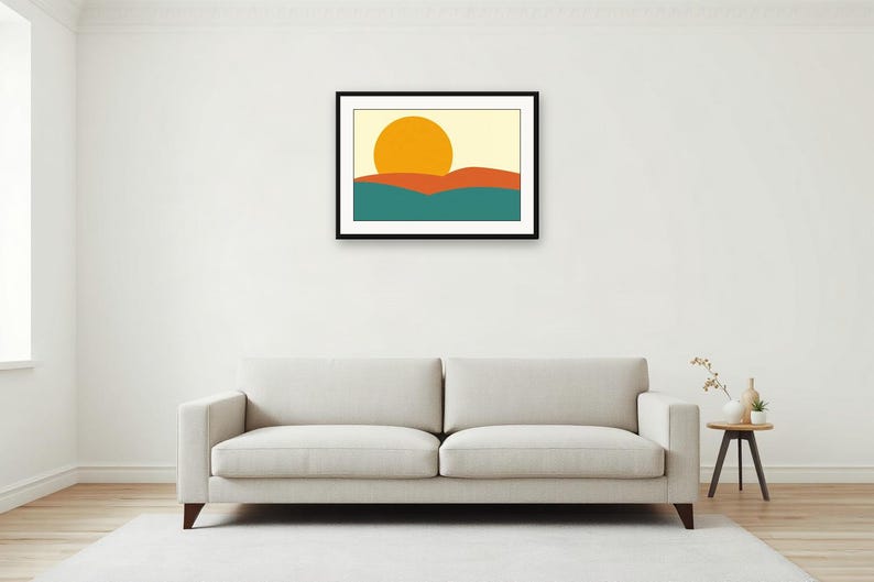 Teal Retro Wall Art, Mustard Sun Hills Print | Printable Digital Download | A4 A3 A2 | AI Art image 3