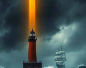 May include: A tall red lighthouse stands amidst turbulent, dark blue ocean waves, emitting a bright vertical beam of orange light into a stormy, cloud-filled sky. A large sailing ship with white sails navigates the rough waters nearby.