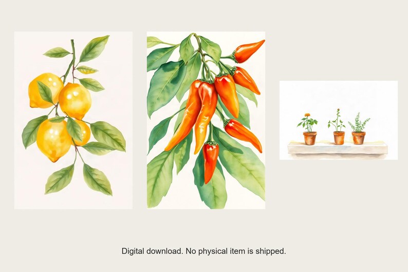 Kitchen Garden Botanical Art Set | AI-Assisted Watercolour-Look Prints (Digital Download) image 1