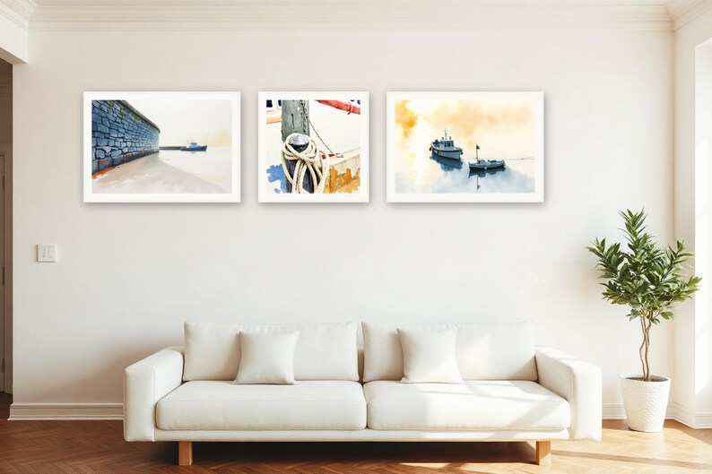 Harbour Light Gallery Wall Set | AI-Assisted Harbour Art, Set of 3 Digital Prints | Digital Download Wall Art Print A4 A3 A2 image 2