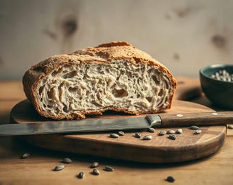 Può includere: Una pagnotta di pane a lievitazione naturale con crosta dorata e mollica ariosa e porosa, tagliata per rivelarne la consistenza. Un coltello in acciaio inossidabile con manico in legno è appoggiato davanti al pane, circondato da semi sparsi.
