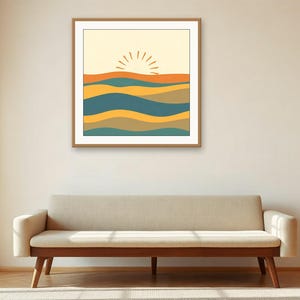 Retro-Wandbild in Türkis, Sonnen- und Wellenmotiv | Druckbarer digitaler Download | A4, A3, A2 | AI-Grafik Bild 2