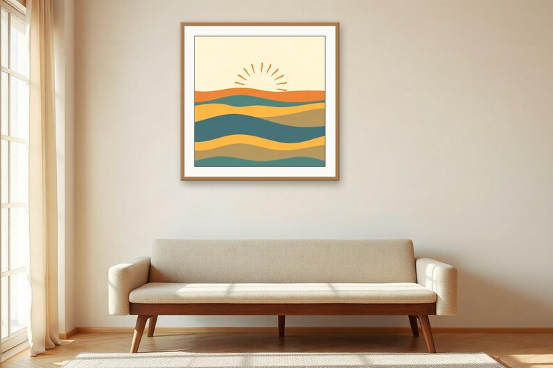 Retro-Wandbild in Türkis, Sonnen- und Wellenmotiv | Druckbarer digitaler Download | A4, A3, A2 | AI-Grafik Bild 2
