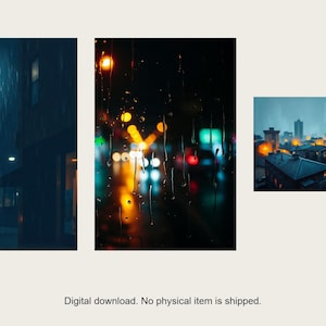 Rain on Glass Cityscape Set | AI-Assisted Night Art (Digital Download) image 1